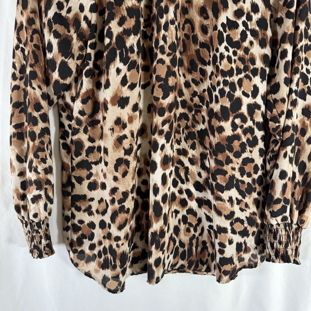 Chico's Blouse Women's Medium Brown Cheetah Print High Neck Lightweight Long Slv - Picture 3 of 11